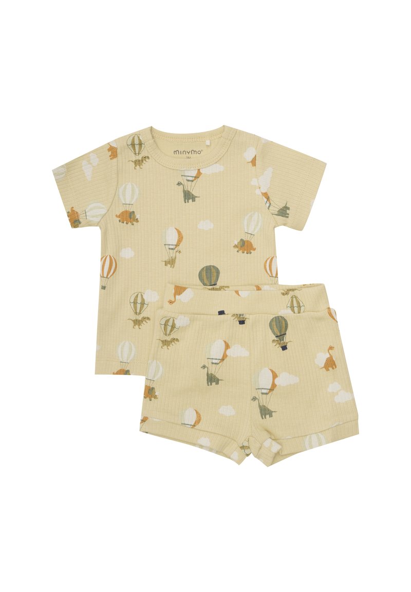 Ribbad, kortärmad gul pyjamas med dinosaurie- och varmluftsballongmönster, med matchande shorts och elastisk midja.