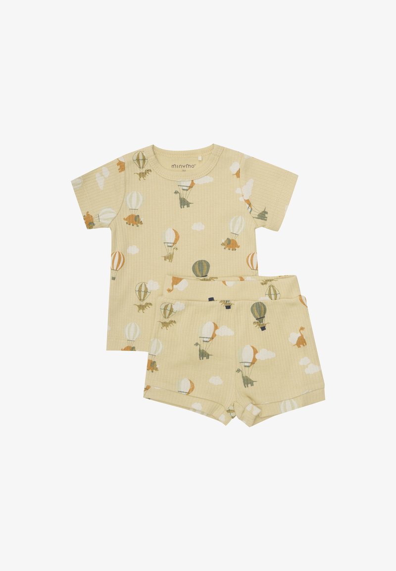 Pyjama jaune à manches courtes et à rayures, présentant des motifs de dinosaures et de montgolfières, avec un short assorti et une taille élastique.