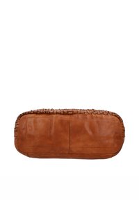 Rectangular brown leather bag bottom with woven leather trim around the edges on a white background.