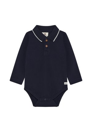 Navy blue long-sleeve baby bodysuit with a white-trimmed collar, two front wooden buttons, and snap closures at the bottom.