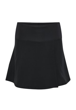Jupe de sport noire avec une taille ajustée, une coupe évasée et un tissu lisse. Le design comprend des coutures minimalistes et pas de motifs.