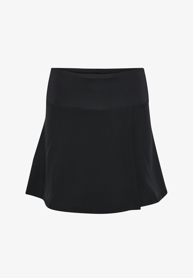 Svart atletisk skort med en åtsittande midja, utsvängd silhuett och slät tygkvalitet. Designen har minimalistisk sömnad och inga mönster.