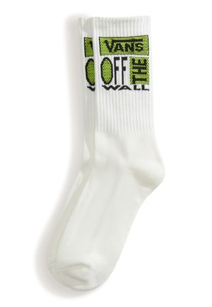 Weiße Crew-Socken mit gerippten Bündchen und grünem sowie schwarzem "Vans Off The Wall"-Logo nahe dem oberen Rand.