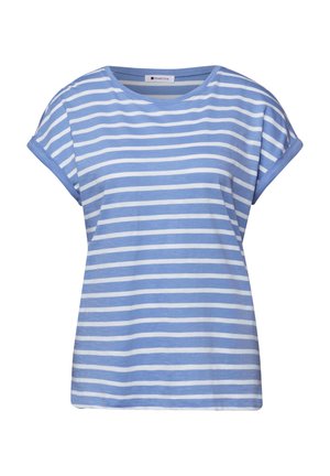 T-shirt à manches courtes rayé horizontalement bleu et blanc avec des manches retroussées et un col rond.