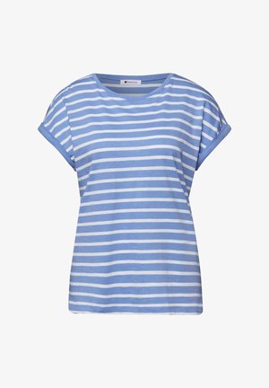 Blau-weiß gestreiftes T-Shirt mit kurzen Ärmeln, umgeschlagenen Bündchen und rundem Ausschnitt.