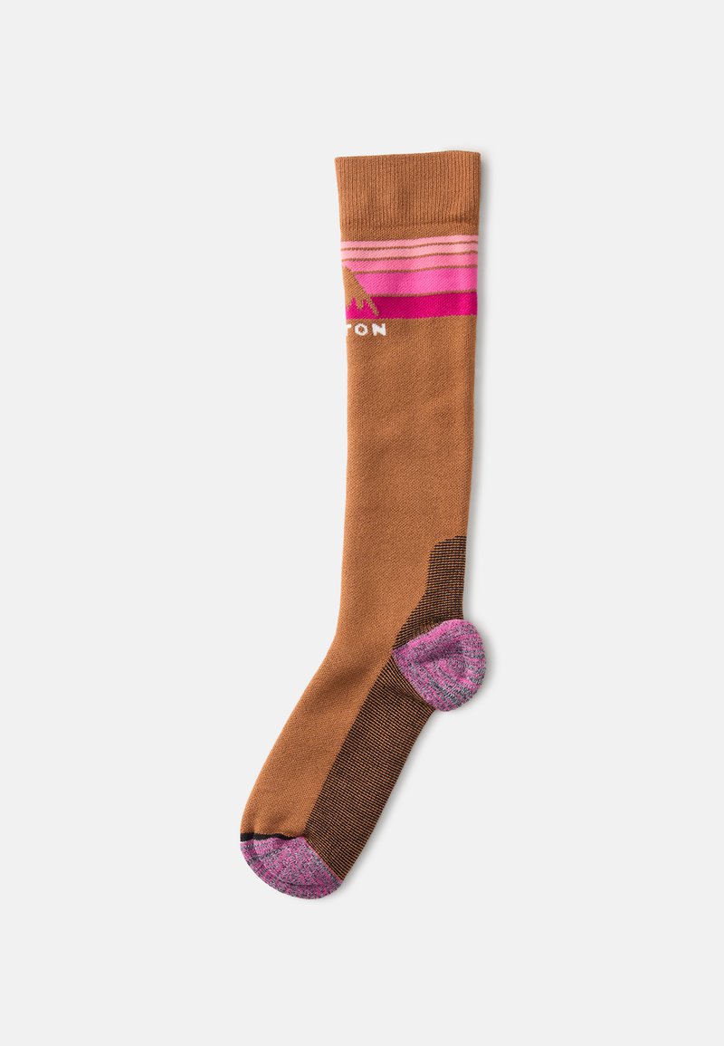 Rjava nogavica s pink in purpurnim črtastim vrhom, ojačanim peto in prsti, z pleteno teksturo in logotipom blizu robu.