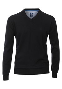 Pull noir à col en V avec manches longues, fabriqué en maille lisse. Présente un col intérieur rayé bleu et blanc et un petit logo sur la poitrine.