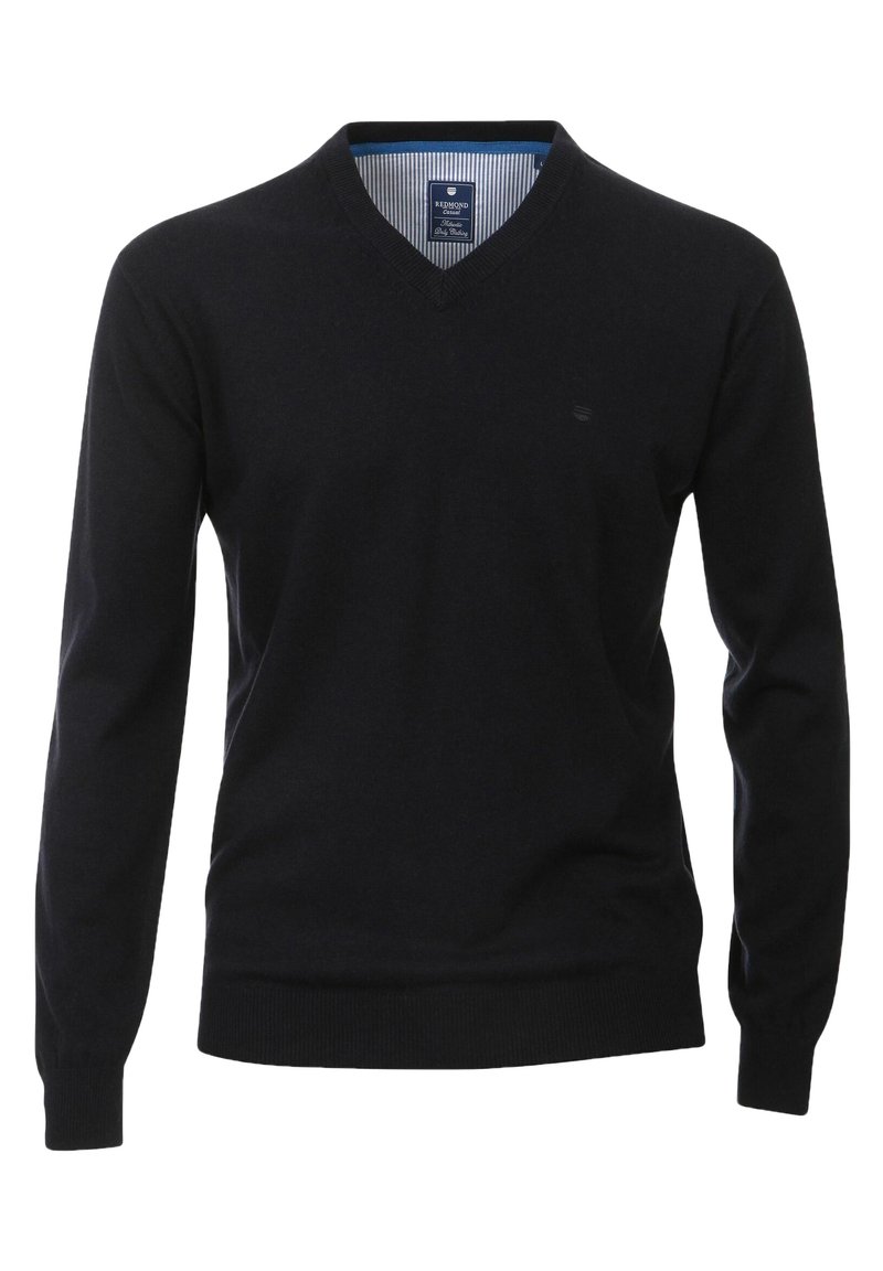Pull noir à col en V avec manches longues, fabriqué en maille lisse. Présente un col intérieur rayé bleu et blanc et un petit logo sur la poitrine.