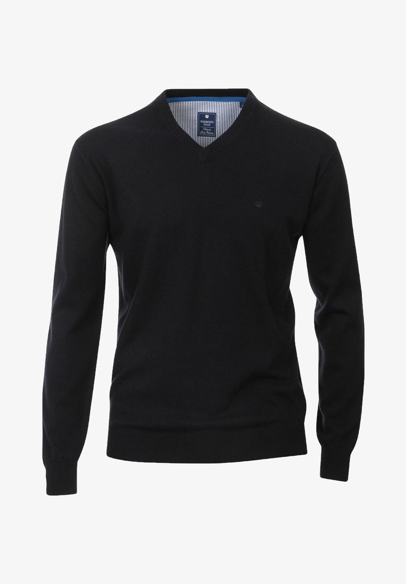 Pull noir à col en V avec manches longues, fabriqué en maille lisse. Présente un col intérieur rayé bleu et blanc et un petit logo sur la poitrine.