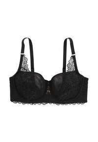 Soutien-gorge noir en dentelle avec armatures, motif floral, bonnets en tulle translucide, bretelles réglables et fermeture à crochets sur le devant.
