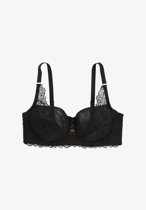 Soutien-gorge noir en dentelle avec armatures, motif floral, bonnets en tulle translucide, bretelles réglables et fermeture à crochets sur le devant.
