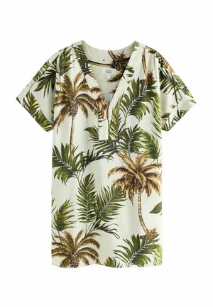 Korte mouwen, V-hals shirt van lichtgroene stof met een palmboom- en bladenprint in tinten groen en bruin. Casual ontwerp en ontspannen pasvorm.