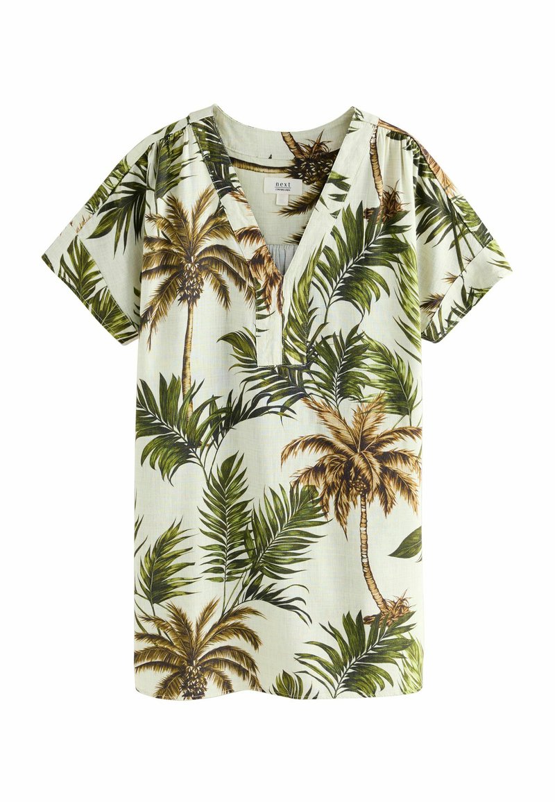 Kurzärmeliges, V-Ausschnitt-Shirt aus leichtem grünem Stoff mit einem Druck von Palmen und Blättern in Grüntönen und Braun. Lässiges Design und entspannter Schnitt.
