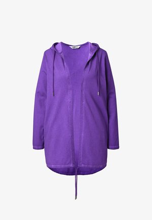 Veste à capuche violette avec fermeture éclair à l'avant, manches longues et taille réglable par cordon. Fabriquée en tissu mélangé coton, avec une texture lisse.