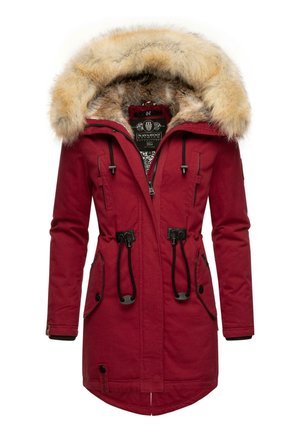 Red parka with a fur-lined hood, drawstring waist, multiple pockets, and black hardware accents. Made from a soft, durable fabric.