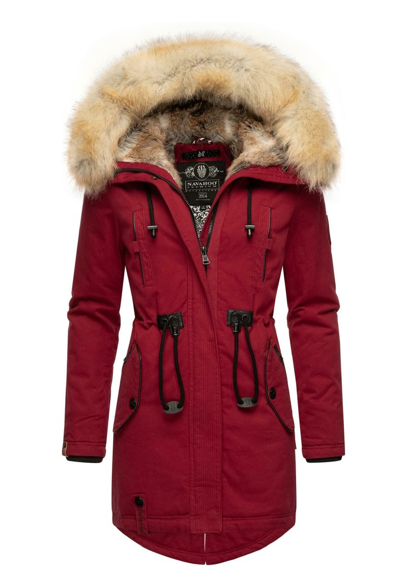 Red parka with a fur-lined hood, drawstring waist, multiple pockets, and black hardware accents. Made from a soft, durable fabric.