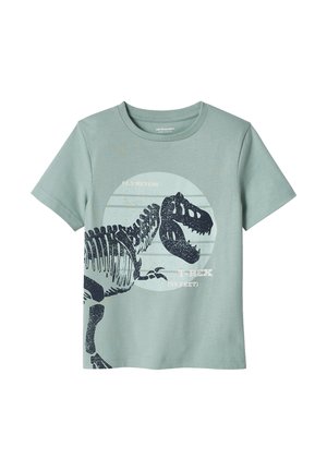 Hellgrünes T-Shirt mit kurzen Ärmeln, bedruckt mit einem schwarzen T-Rex-Skelett und dem Text "12,3 Meter (40 Fuß)", der seine Länge angibt.