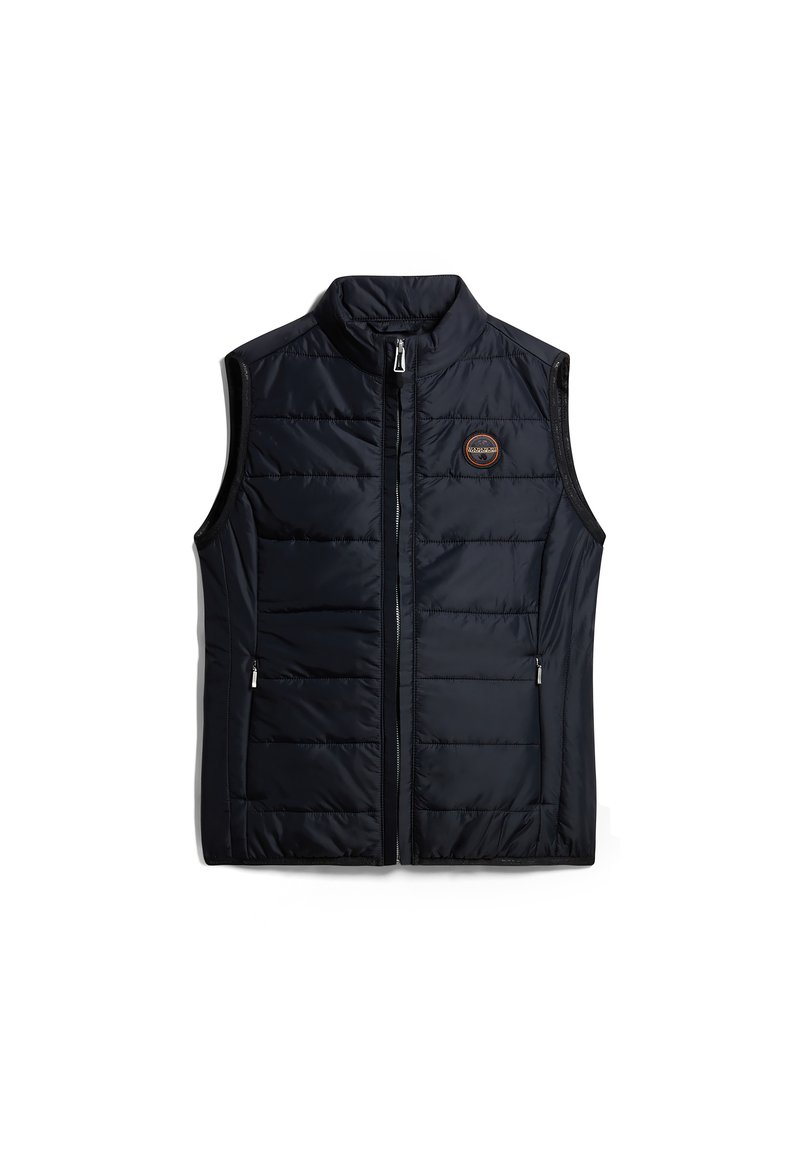 Czarna puchowa kamizelka z wysokim kołnierzem, zamkiem błyskawicznym z przodu i bocznymi kieszeniami. Posiada pikowane panele oraz logo na lewej piersi. Gładka faktura.