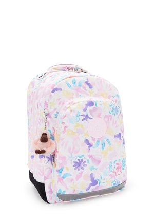 Rucksack mit Blumenmuster in Pink und Weiß, mit einer strukturierten Oberfläche und einem schwarzen Boden. Enthält einen Anhänger in Form eines kleinen Gorillas.
