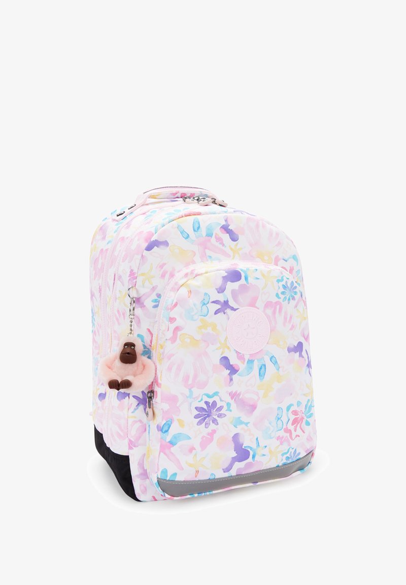Batoh s květinovým vzorem v růžovo-bílém designu, s texturovaným povrchem a černým dnem. Obsahuje přívěsek ve tvaru malé gorily.