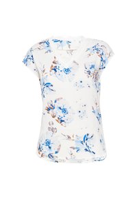 Blumenbluse mit kurzen Ärmeln in Weiß, mit blauen und braunen bedruckten Blumen. V-Ausschnitt-Design mit Spitzenbesatz am Kragen.