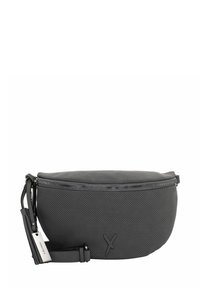 Borsa a tracolla grigia perforata con design arrotondato, chiusura a zip, tracolla in pelle e un accento del logo discreto. Texture liscia in tutto il prodotto.