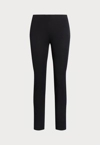 Zwarte broek gemaakt van rekbaar materiaal, met een slim fit en een elastische tailleband. Geen zichtbare patronen of hardware.