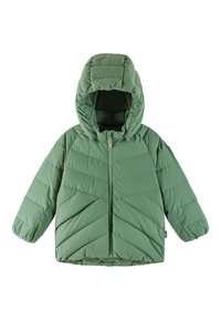 Jachetă puf verde cu glugă, având o textură matlasată și un model în zig-zag. Închidere frontală cu fermoar și mansete elastice.