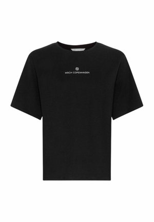 Schwarzes T-Shirt mit kurzen Ärmeln und Rundhalsausschnitt, mit kleinem weißen "MSCH COPENHAGEN" Schriftzug und Logo mittig auf der Brust.