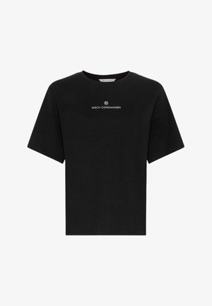 Schwarzes T-Shirt mit kurzen Ärmeln und Rundhalsausschnitt, mit kleinem weißen "MSCH COPENHAGEN" Schriftzug und Logo mittig auf der Brust.
