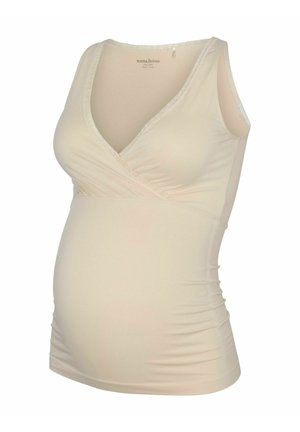 Beež rasedusülikond, millel on mähisev disain, V-kaelus, varrukateta lõige, risted külgedel ja pits äärepitsiga kaelas. Pehme materjal.