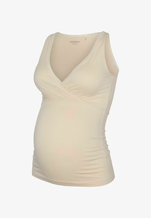 Bež bluzica za nosečnice z zavitjem, z V-izrezom, brez rokavov, nabranimi stranmi in čipkastim obrezom ob izrezu. Mekano blago.