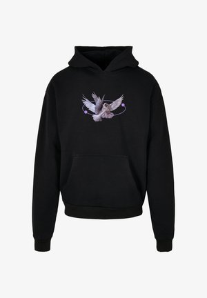 Hanorac negru cu glugă, dotat cu un buzunar frontal, având un grafic cu o pasăre cu aripile întinse și accente circulare în violet.