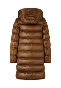 Langer brauner gesteppter Steppmantel mit Kapuze, horizontalen Nähten und gepolsterter Textur, von hinten gezeigt.