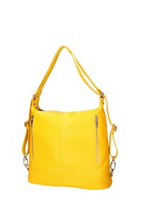 Gele leren handtas, met een gestructureerde afwerking, ruime indeling, voorzien van twee ritszakken, verstelbare schouderband en stevige handgreep.