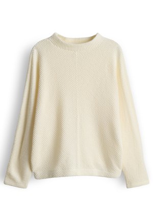 Cream-colored knit sweater with diagonal ribbed texture, crew neckline, and long sleeves, displayed on a white background.