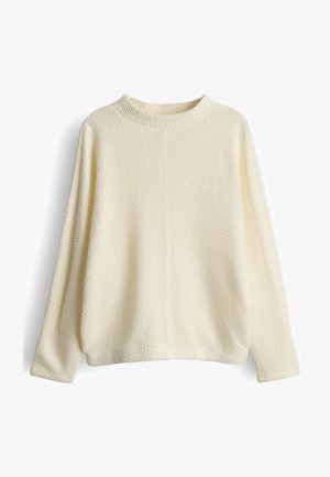 Crèmekleurige gebreide trui met diagonale geribbelde structuur, ronde halslijn en lange mouwen, weergegeven op een witte achtergrond.