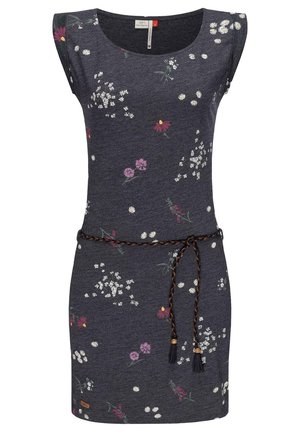 Donkergrijze mouwloze jurk met verspreide kleine witte, roze en rode bloemenprints, gevlochten riem met kwastjes, vastgeknoopt in de taille.