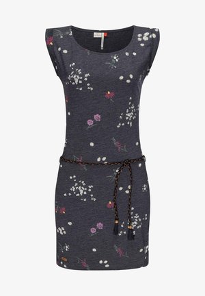 Robe sans manches gris foncé avec de petits imprimés floraux blancs, roses et rouges dispersés, ceinture tressée avec des pompons nouée à la taille.
