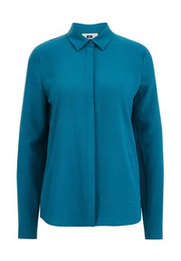 Teal langemouwen shirt met een kraag, knoopsluiting aan de voorkant en een getextureerde stof. Rechte snit met manchet bij de polsen.