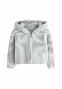 Helle graue, gerippte Strickjacke mit Reißverschluss vorne, die eine weiche Textur und einen lässigen Schnitt bietet. Entworfen mit Kapuze und langen Ärmeln.