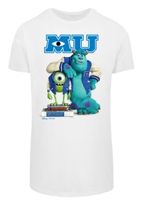 White t-shirt featuring cartoon characters Mike and Sulley in blue varsity jackets, with books labeled "Scaronomics" and "Complete Monster Encyclopedia."