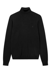 Schwarzer Rollkragenpullover aus weichem Material, mit langen Ärmeln, einer figurbetonten Passform und einem dezenten Logo auf der Brust.
