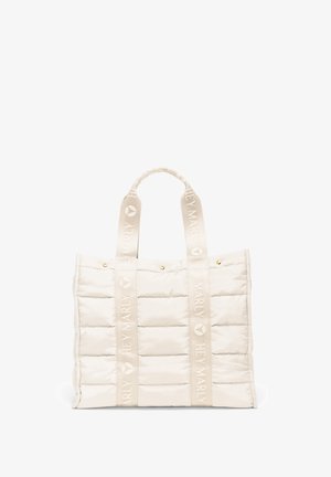 Puffy white tote bag with quilted texture, featuring two beige straps with "HEY MARLY" branding and gold metal accents.