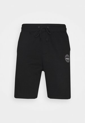 Black casual shorts with elastic waistband and drawstring, featuring a small white round logo on the left thigh.