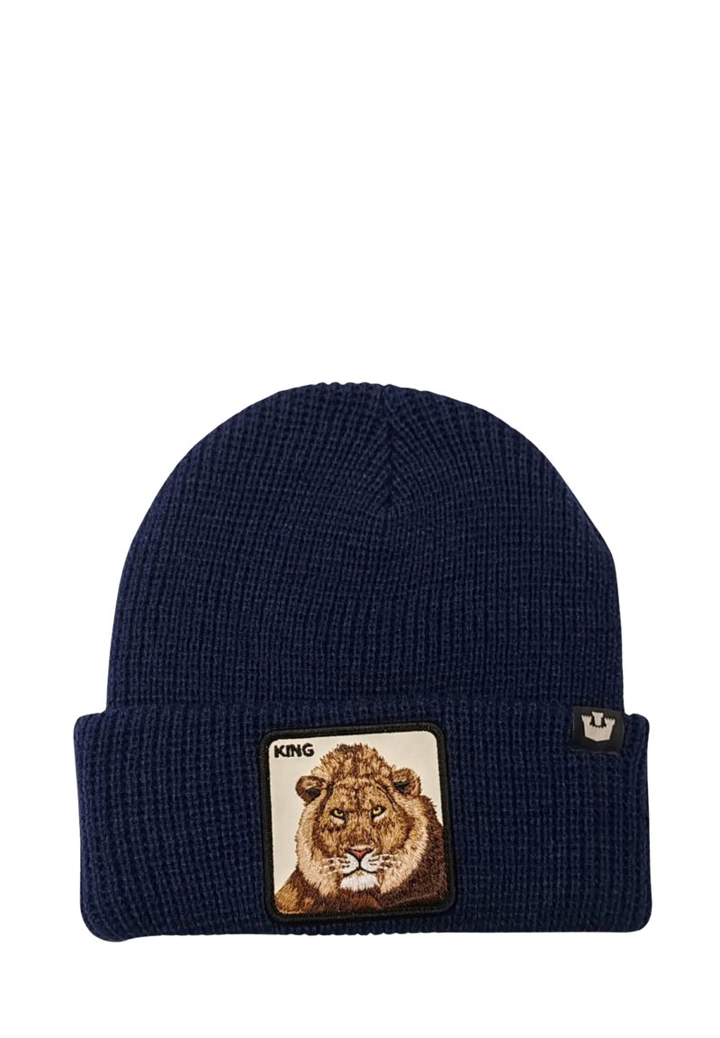 Berretto a maglia blu navy con finitura texturizzata e una toppa quadrata con un grafico di un leone e la parola "KING" in un angolo superiore.