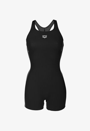 Svart baddräkt med en slank design, med racerback-stil och vita sidostraper. Tillverkad av smidigt, elastiskt tyg för komfort.