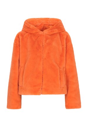 Orangenes Kunstfell-Hoodie, cropped Design, lange Ärmel, weiche Textur, mit vorderen Taschen und Reißverschluss.