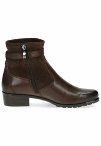 Botines marrones que presentan una parte superior de cuero elegante, acentos de ante, cremallera lateral y un tacón bajo apilado. Suela de goma texturizada para un mejor agarre.