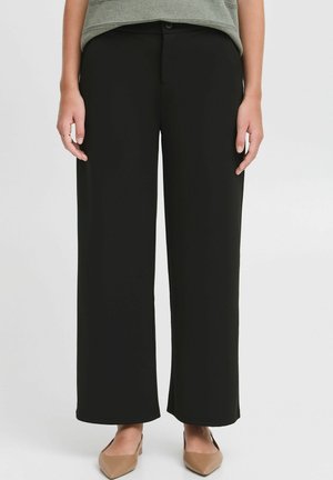 Black wide-leg trousers made of a smooth fabric. Features a front button closure, side pockets, and a clean hem. Styled with neutral shoes.